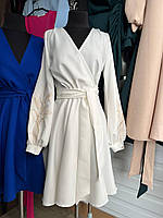 Женское платье с вышитыми колосками. Короткое платье с вышивкой Молочный, 44
