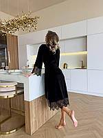 Тор! Велюровий жіночий халат COSY з французьким мереживом чорний
