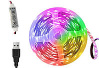 Светодиодная лента LED RGB 10м. гирлянда USB от повербанка 5 V с пультом режимы разноцветная