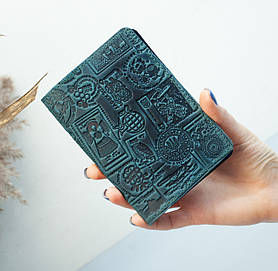 Обкладинка для паспорта жіноча шкіряна темно-бірюзова з тисненням Марки та штемпелі України