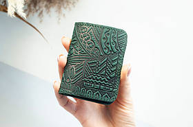 Обкладинка для ID паспорта шкіряна зелена з тисненням Карпати | Обкладинка на права 4 відділа