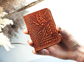 Обкладинка для ID паспорта шкіряна світло-коричнева з тисненням Карпати | Обкладинка на права 4 відділи