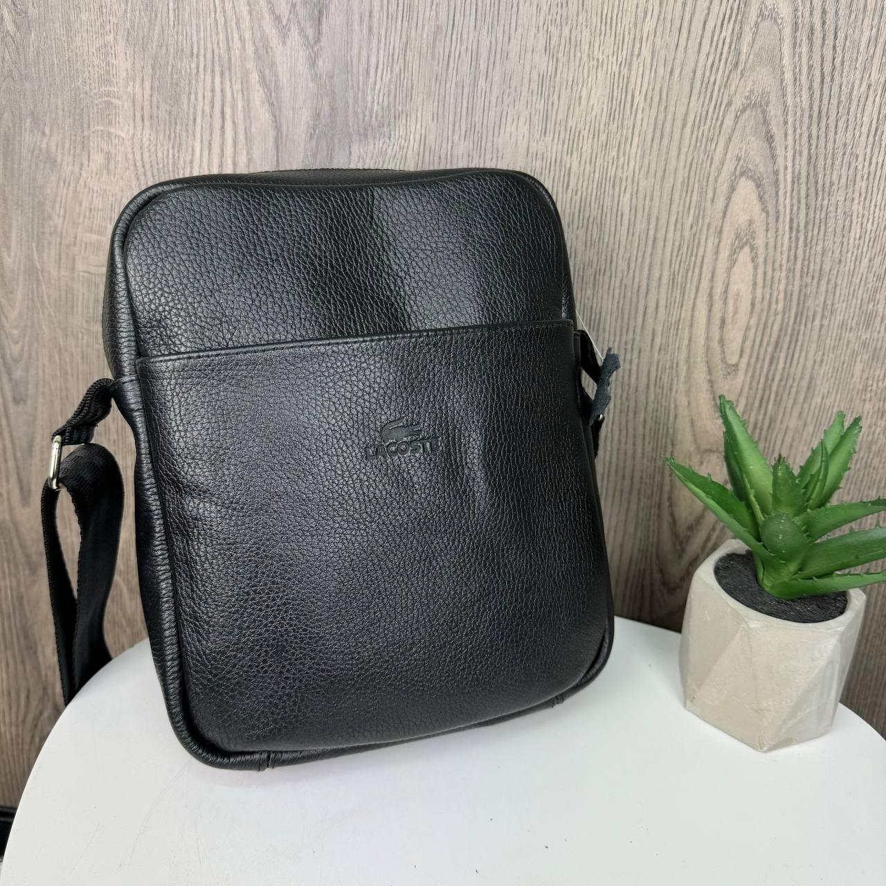 Чоловіча шкіряна сумка планшетка стиль Лакоста чорна барсетка на плече Lacoste, фото 1