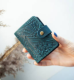 Візитниця шкіряна жіноча темно-бірюзова з тисненням Карпати | Шкіряний картхолдер