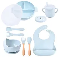 Набір дитячого силіконового посуду 8 в 1: тарілка, слинявчик, тарілка для супу, 2 ложки, 2 вилки, поїльник