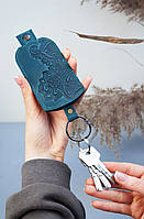 Чохол для ключів шкіряний темно-бірюзовий з орнаментом Цветочный Сад | Ключниця шкіряна