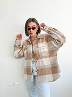 Женская весенняя твидовая рубашка в клетку на пуговицах размер универсальный 42-46 Светлый беж, Oversize 42/46