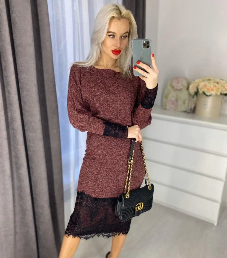 Теплий жіночий костюм зі спідницею з ангори софт бордовий костюм светр і спідниця міді комплект з мереживом, фото 1