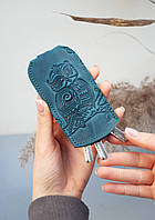 Чохол для ключів шкіряний темно-бірюзовий з орнаментом Сова | Ключниця шкіряна