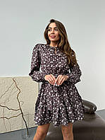 Красивое нежное женское легкое приталенное мини платье цветочный софт с длинным рукавом хит продаж Бежевый, 42/44