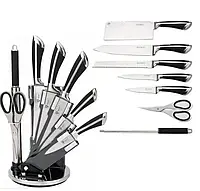 Ножи кухонные из нержавеющей стали в наборе с подставкой и точилкой, Качественные ножи с литыми ручками hop