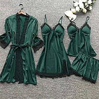 Женский домашний комплект халат пеньюар пижама в зеленом цвете с кружевом
