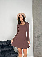 Стильное базовое приталенное женское платье турецкий рубчик с завязками на спине с пышной юбкой открытая спина Шоколад, 42/44