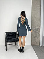 Стильное базовое приталенное женское платье турецкий рубчик с завязками на спине с пышной юбкой открытая спина Графит, 42/44