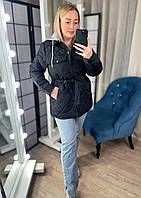 Весенняя теплая женская куртка с капюшоном модная стильная теплая курточка на кнопках с поясом батал Черный, 56