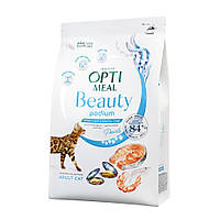 Сухой корм Optimeal Beauty Podium Shiny Coat& Dental Care для кошек уход за шерстью/зубами морепродукты 1.5 кг