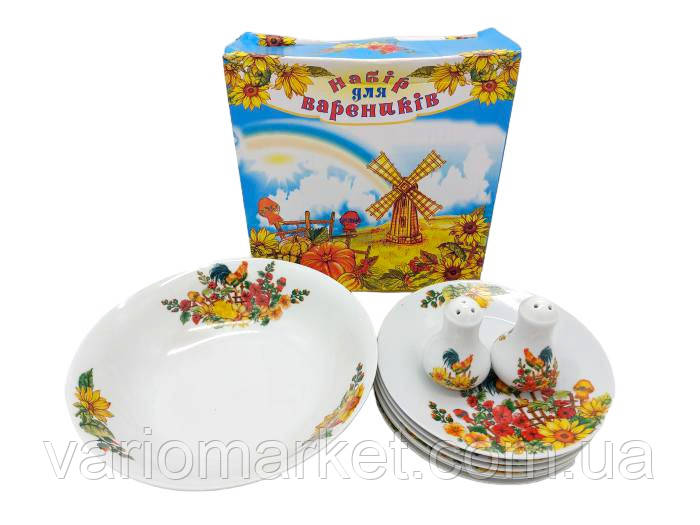 Набор керамической посуды Сервиз столовый керамика Тарелки белые с рисунком Петух для вареников из 9 предметов - фото 1 - id-p2108379789