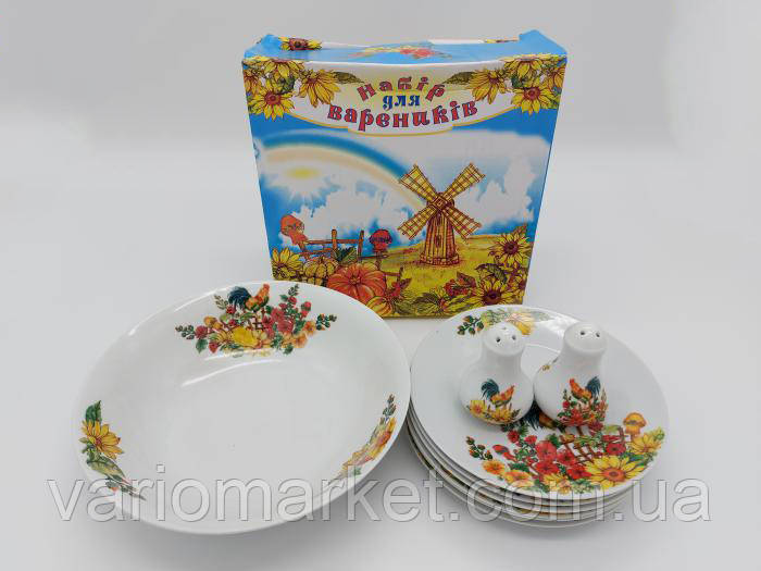 Набор керамической посуды Сервиз столовый керамика Тарелки белые с рисунком Петух для вареников из 9 предметов - фото 2 - id-p2108379789