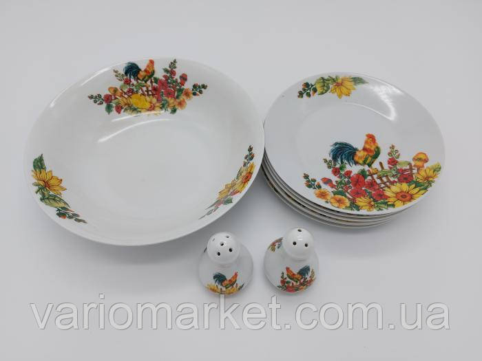 Набор керамической посуды Сервиз столовый керамика Тарелки белые с рисунком Петух для вареников из 9 предметов - фото 3 - id-p2108379789