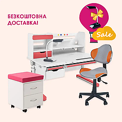 Розширювальний комплект парта FunDesk Sentire Pink + крісло FunDesk LST3 Orange-Grey + тумбочка FunDesk SS15W Pink