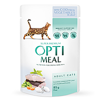 Влажный корм Optimeal Adult Cats Cod Fish & Vegetable для кошек, треска и овощи в желе 85 гр х 12 шт