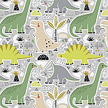 Бязь "Великі динозаври" зеленого та бежевого кольору на світло-сірому фоні № Е-3207, фото 8