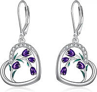 Серебристые серьги женские в форме сердца и фиолетового цветка Тюльпаны внутри с белыми фианитами