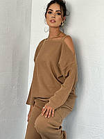 Костюм женский прогулочный с брючками карго палацо свитер на одно плече размер оверсайз шерсть акрилом