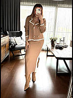 Костюм женский офисно- прогулочный кофта на пуговичках и юбка высокая посадка шерсть с акрилом Турция кемел