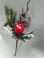 Веточка для декора новогодняя искусственная еловая веточка с шишками и красными яблоком и ягодами