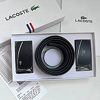 Подарочный мужской набор Lacoste черный кожаный ремень с двумя пряжками автомат в подарочной упаковке