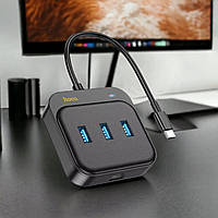 Разветвитель Хаб переходник HOCO HBЗ5 HUB adapter TYPE-C to USB3.0+RJ45 для ноутбука компьютера Черный