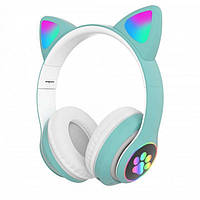 Беспроводные Bluetooth наушники AKS-28 с микрофоном и LED RGB подсветкой кошачьи ушки бирюзовые