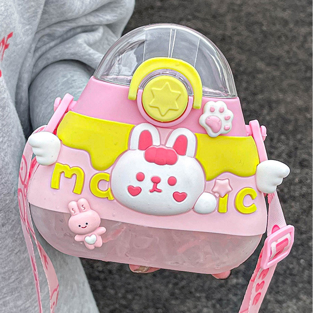 Дитяча пляшка для води з силіконовою трубочкою та ремінцем POP02313, 520мл Розовий