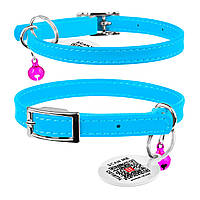 Нашийник для котів шкіряний WAUDOG Glamour з QR паспортом, без прикрас, Ш 9 мм, Дов 22-30 см блакитний