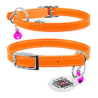 Нашийник для котів шкіряний WAUDOG Glamour з QR паспортом, без прикрас, Ш 9 мм, Дов 22-30 см помаранчевий