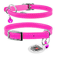 Нашийник для котів шкіряний WAUDOG Glamour з QR паспортом, без прикрас, Ш 9 мм, Дов 22-30 см рожевий