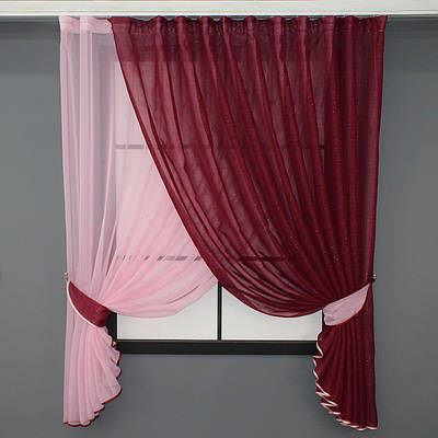 Кухонний комплект (330х170см.), шторки з підв'язками. Колір рожевий з бордовим. Код 101к 50-376
