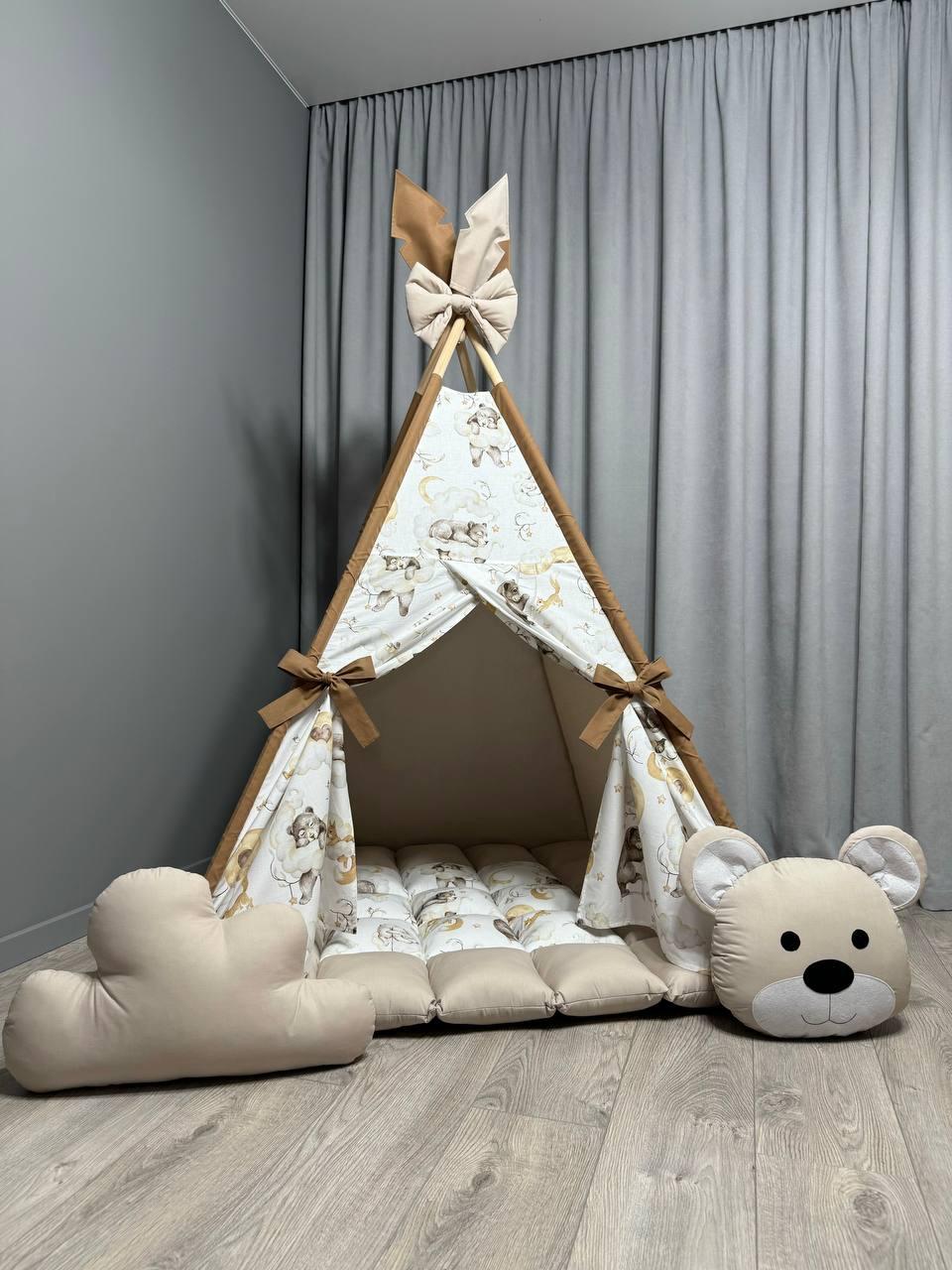 Вігвам для дітей Ведмежа на хмаринці БОНБОН Повний комплект, дитяча палатка, вігвам для хлопчика, вігвам для дівчинки, фото 1