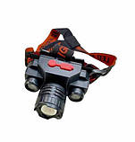 Налобний акумуляторний ліхтар із трьома світлодіодами BL 1805 COB та фокусуванням світла ZOOM, фото 6