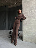 Стильный женский костюм ангора рубчик с начесом (свитер и брюки) в шоколадном цвете