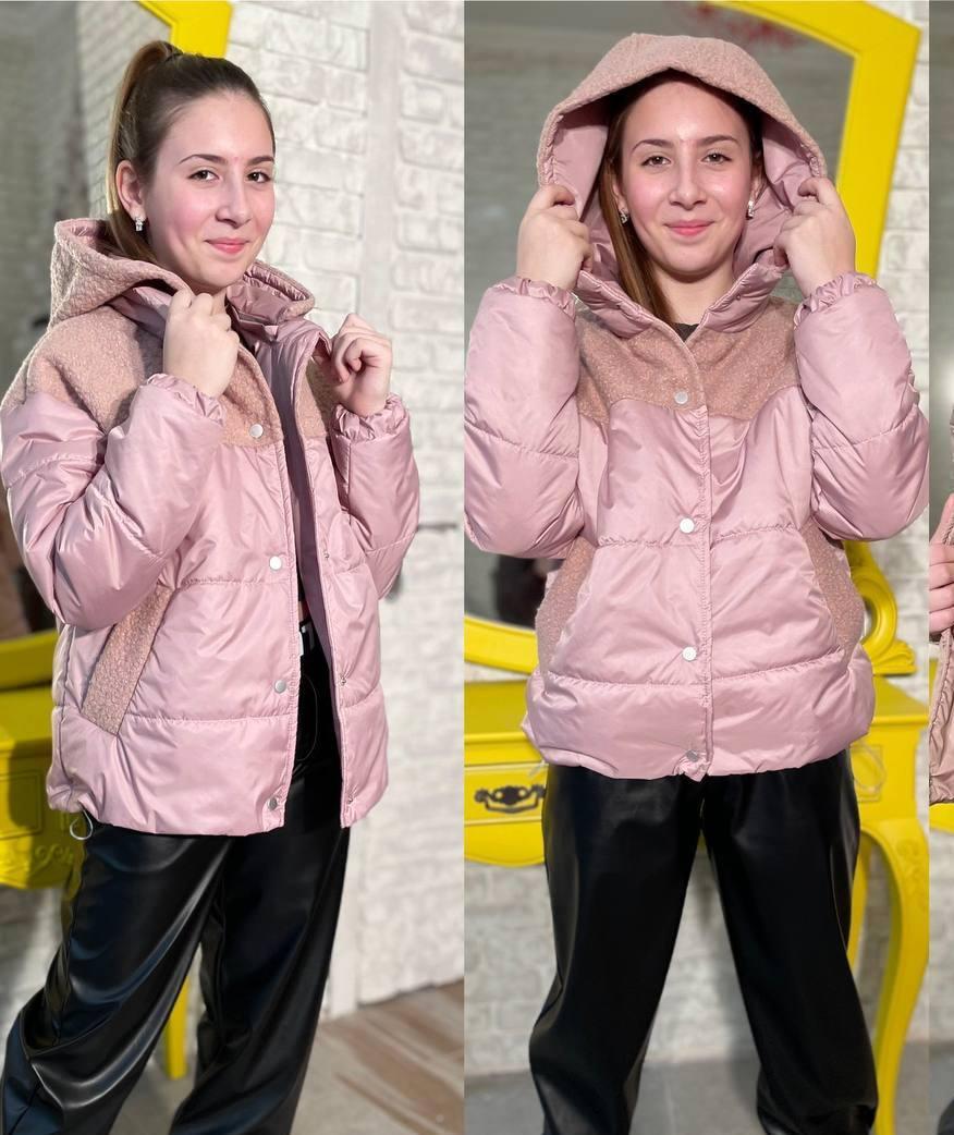 Демісезонна куртка на дівчинку з хутром дитяча курточка екохутро тедді пудрова 146-164р, фото 1