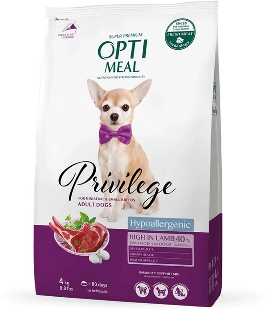 Optimeal Privilege сухий гіпоалергенний корм для собак малих порід з високим вмістом ягнятини та рісу 4КГ, фото 1