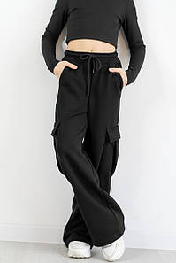 Карго палаццо для дівчинки з накладними кишенями | Турецька тринитка колір чорний