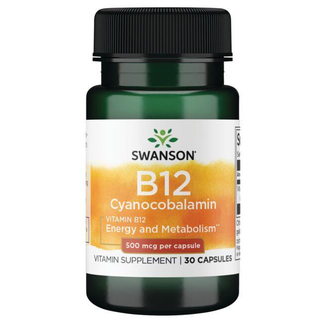 Вітамін В12 Ціанокобаламін, Vitamin B12 Cyanocobalamin, Swanson, 500 мкг, 30 капсул