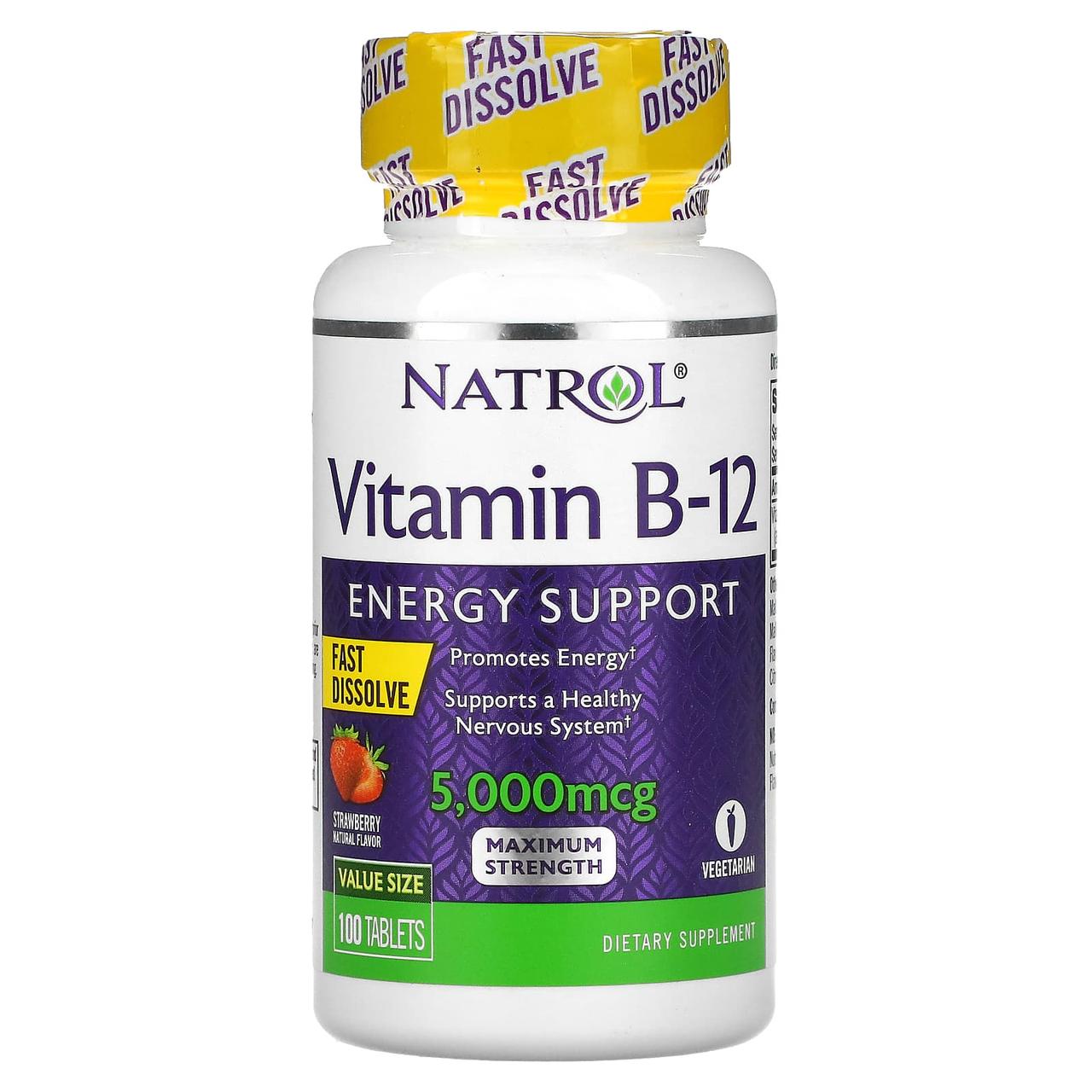 Вітамін В12, смак полуниці, Vitamin B-12, Natrol, 5000 мкг, 100 таблеток