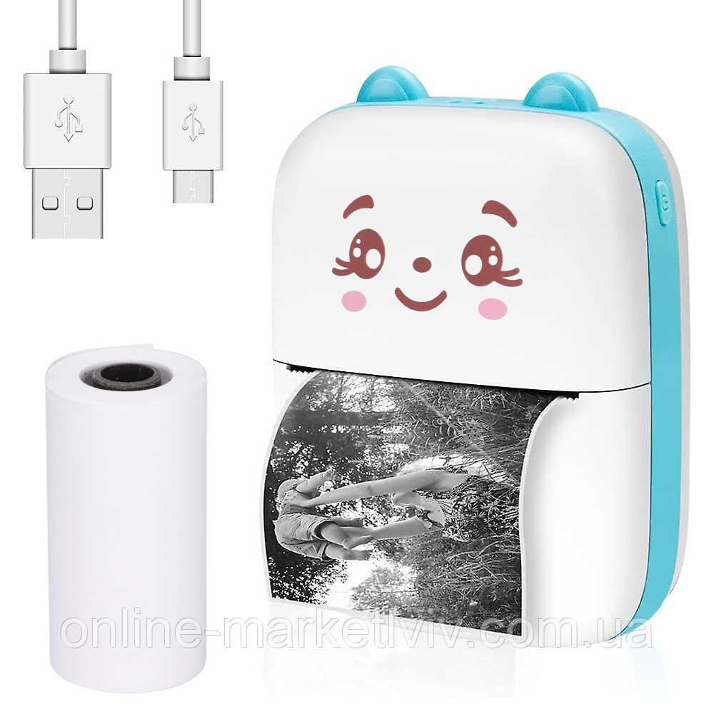 Портативный мини принтер с Bluetooth + 1 рулон бумаги, Голубой ...