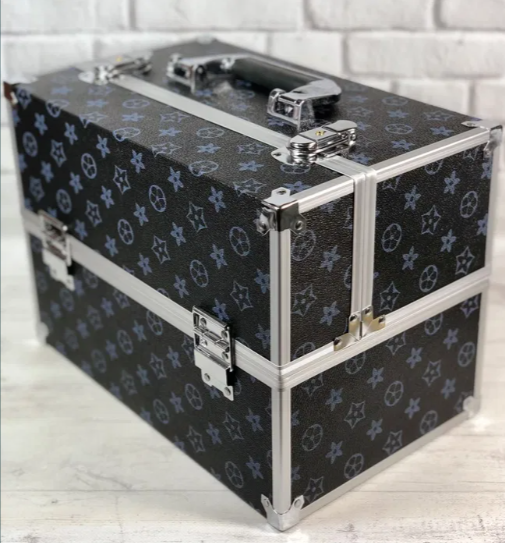 Алюмінієвий бьюті кейс валіза для косметики з полицями, що висуваються 740А (Ч24158), синій з орнаментом