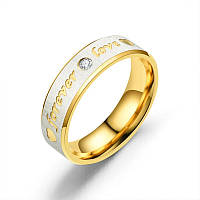Обручка мед золото Forever Love Каблучка для пропозиції з білим каменем золотиста 6 мм розмір 19