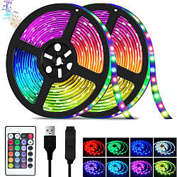 Комплект 2 шт Світлодіодна LED стрічка 5м від USB, CB-5050RGB + пульт ДУ / Гнучка RGB стрічка від павербанка